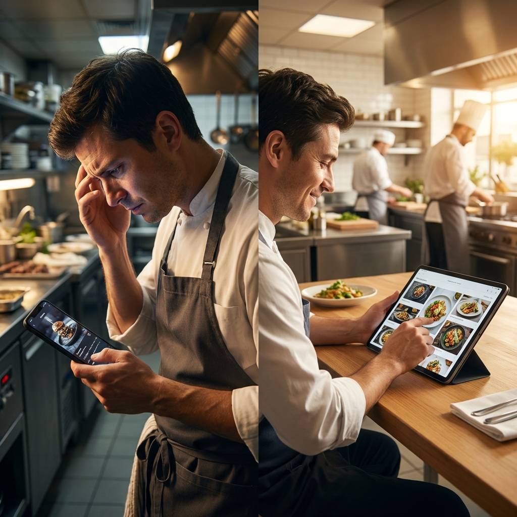 Dono de restaurante comparando edição lenta em app vs resultado profissional imediato