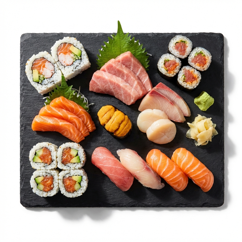 Combinado de Sushi variado em fundo escuro com luz branca e brilhante